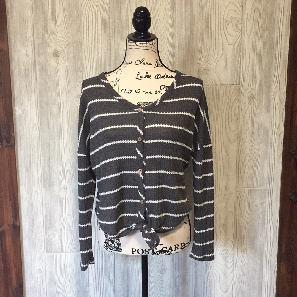 grey and white striped soft knit top